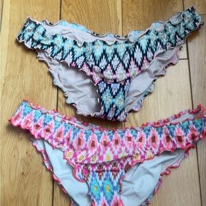 Victoria's Secret Swim Bottoms - Aqua/Black Ikat & Pink/Multi Ruffle Pair